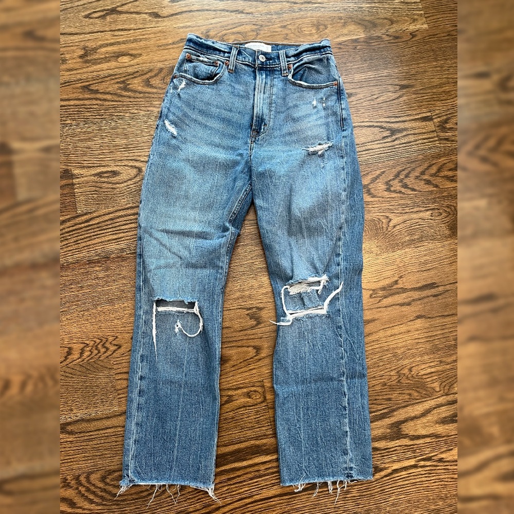 A & F Curve Love ankle straight high rise jeans.